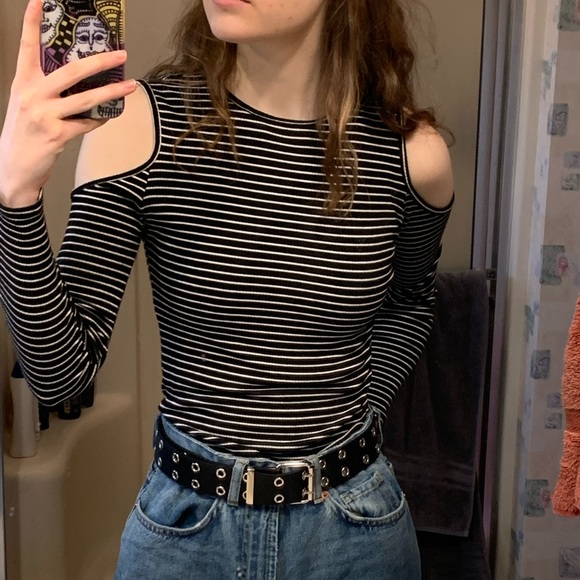 Striped Cold Shoulder Long Sleeve Top - Picture 1 of 3